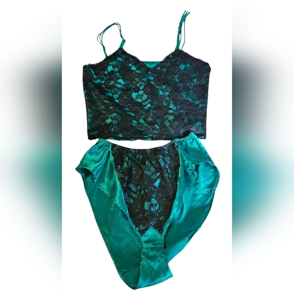 Gold Label VICTORIA'S SECRET Lace Lingerie Teddy 2 Piece Set In Teal/black. Med - Picture 1 of 11